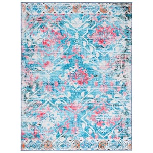 Riviera Light Blue/Pink 5 ft. x 8 ft. Machine Washable Floral Geometric Area Rug