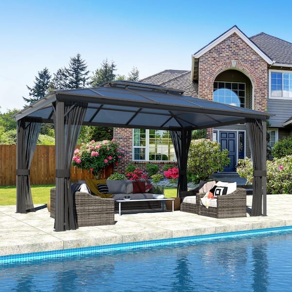 16 ft. x 12 ft. Aluminum Gazebo Polycarbonate Double Top Roof with Black Netting