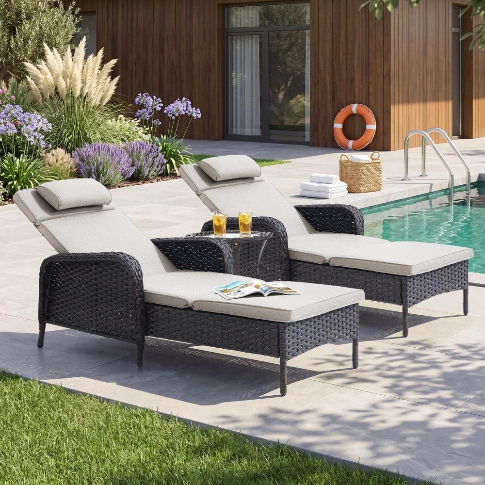 Wellcane 3-Piece Brown Wicker Outdoor Recliner Set, Outdoor Chaise Lounge Chair with Side Table & Beige Cushion price history on PriceWatchPro