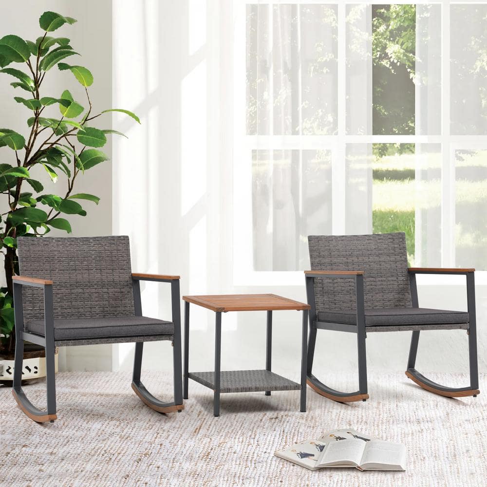 3-Piece Grey Wicker Outdoor Rocking Chair Bistro Conversation Set with Dark