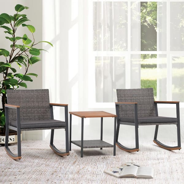 Freestyle 3 Piece Grey Wicker Outdoor Rocking Chair Bistro Conversation Set with Dark Grey Cushions HD KS 014DG