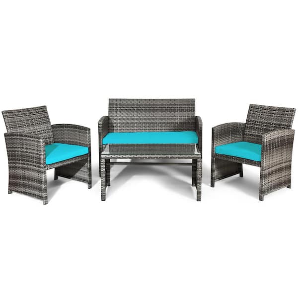 4-Pieces Patio Outdoor Rattan Conversation Furniture Set with Turquoise Cushion