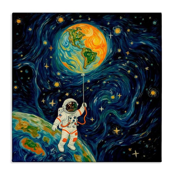 Astronaut with Earth Balloon by Angie Hawke Unframed Astronomy Graphic Art Print 36 in. x 36 in.