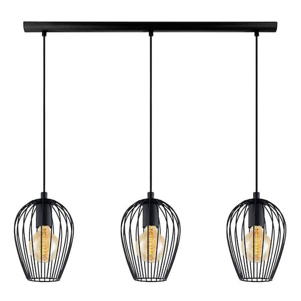 Eglo Newtown 29.87 in. W x 72 in. H 3-Light Black Linear Pendant Light with Metal Shades