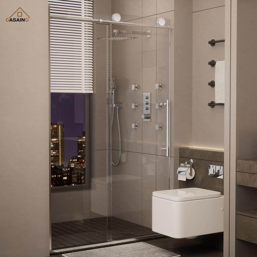 48" x 76" Frameless Chrome Sliding Shower Door with Clear Glass