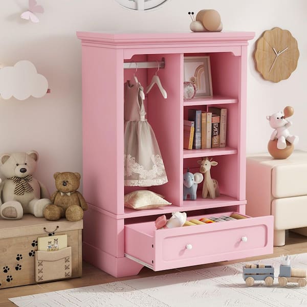 Pink MDF 15.7 in. W Open Children's Wardrobe Armoire with Hanging Rods and Drawers and Open Dividers