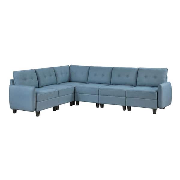Lazzara Swallowtail 112 in. Pillow Top Arm 6-Piece Fabric Sectional Sofa with Storage in Blue
