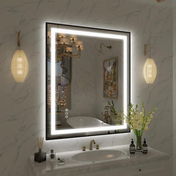 32 in. W x 36 in. H Rectangular Framed Front and Back LED Lighted Anti-Fog Wall Bathroom Vanity Mirror in Tempered Glass