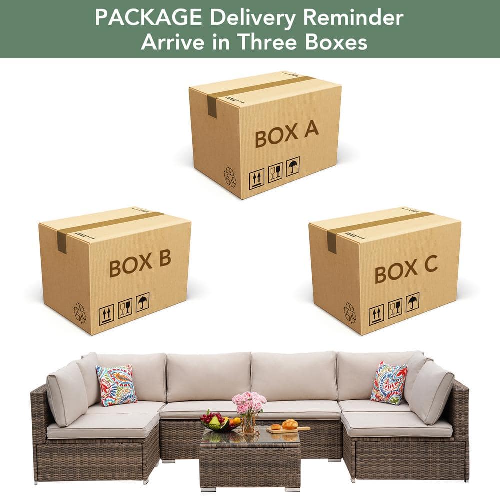 Brown 7-Piece PE Wicker Outdoor Sofa Sectional Set with Khaki Cushions and 
