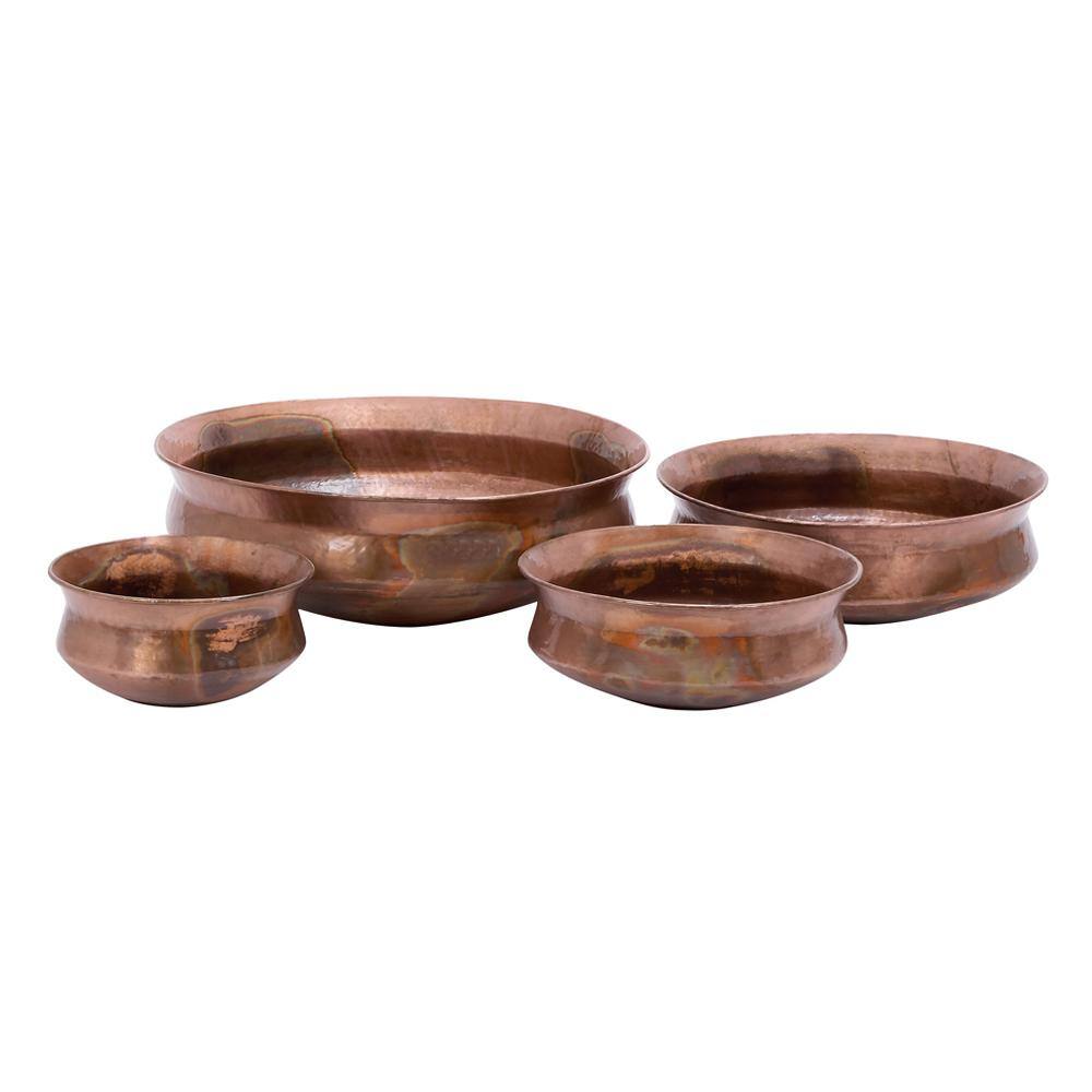 Set of 4 Rustic Copper Low Bowl Metal Planters