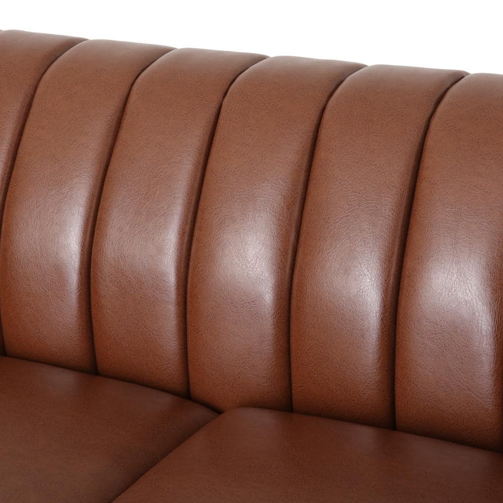Cognac Brown Faux Leather Loveseat with Espresso Wood Accents