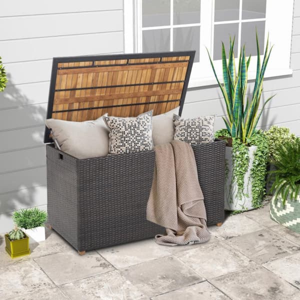 134 Gal. Rattan Storage Deck Box with Zippered Liner and Solid Acacia Wood Top
