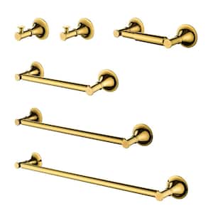 6-Piece Brass Bath Hardware Set Wall Mount with Hand Towel Holder in Brushed Gold