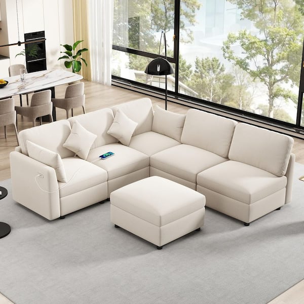 86.6 in. Square Arm Chenille U-Shaped Sofa in Beige with A Movable Ottoman and 2 USB Ports