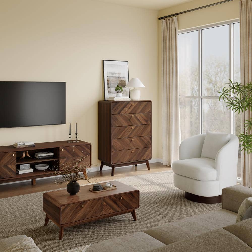 Walnut Brown Mid-century Modern 47.5-Inch Tall 5-Drawer Chest