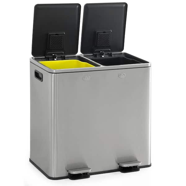 13.2 gal. Silver Stainless Steel Metal Household Dual Trash Can with Double Lid 25L Plus 25L