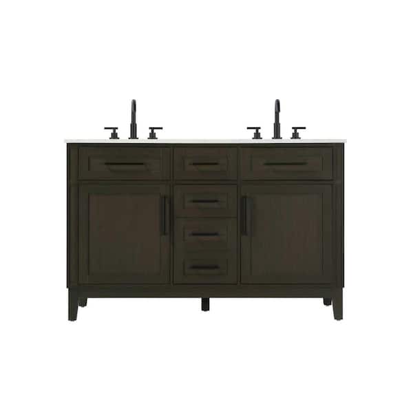 54 in. Double Sink Freestanding Mocha Brown Bath Vanity with Marble White Engineered Marble Top