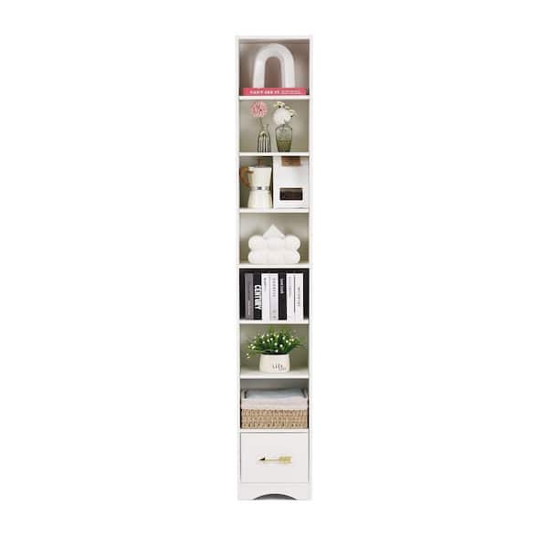 Tall Narrow Bookshelf with Adjustable Shelves – Stylish Slim Storage Cabinet, White 7 Cubes and Drawer Accent Cabinet