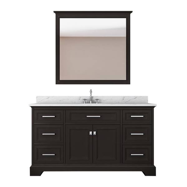 Unbranded Laxton 61 in. W x 22 in. D Bath Vanity in Espresso with Marble Vanity Top in White with White Basin and Mirror