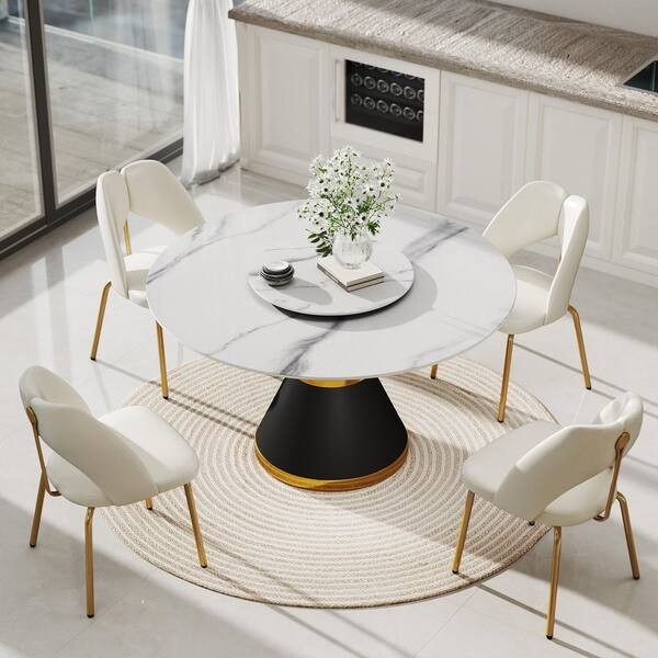 53.15 in. Modular Circular Sintered Stone Tabletop Dining Room Table with Lazy Susan with Pedestal Base (6 Seats)