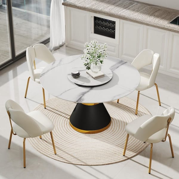 Magic Home 53.15 in. Modular Circular Sintered Stone Tabletop Dining Room Table with Lazy Susan with Pedestal Base (6 Seats)