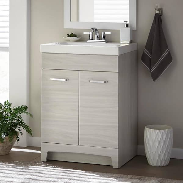 Glacier Bay Stancliff 25 in. W x 19 in. D x 34 in. H Single Sink Freestanding Bath Vanity in Elm Sky with White Cultured Marble Top