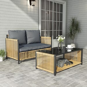 2-Piece Wicker Outdoor Loveseat Sofa with Grey Cushion and Table for Patio Porch Garden Yard Poolside Brown