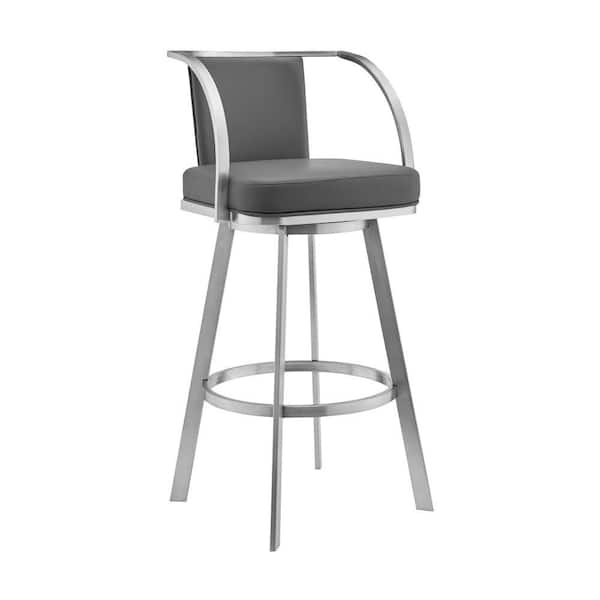 Benjara 30 in. Gray and Chrome Low Back Metal Frame Barstool Chair with Faux Leather Seat