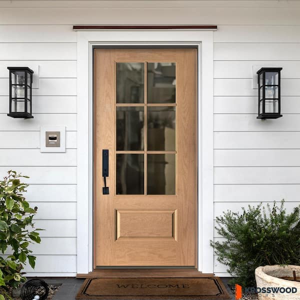 DIY RTA Kit 36 in. x 80 in. 6-Lite Right-Hand/Inswing Clear Glass Teak Stain Fiberglass Ready to Assemble Front Door