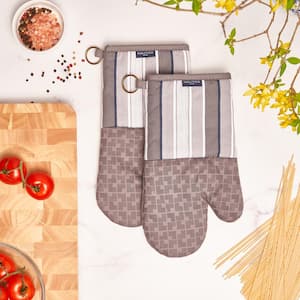 Grey Multi Stripe 100% Cotton Oven Mitts With Silicone Grip (Set of 2)