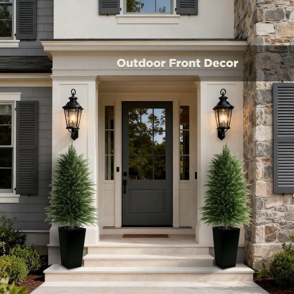 4 ft. Artificial Cedar Tree with Black Square Planters Fake Cypress Shrubs for Front Porch Garden Home Decor (Set of 2)