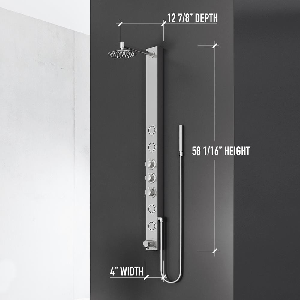 Bowery Stainless Steel 58" Shower Panel with Jets and Tub Filler