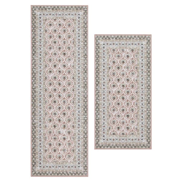 Amelia Chenille Pink 2 ft. x 6 ft. Woven Trellis Polyester 2-Piece Rug Set