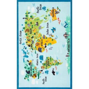 Animal World Map Playmat Baby Blue 4 ft. x 6 ft. Area Rug