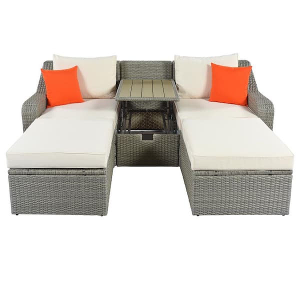 Tunearary 3-Piece Patio Wicker Conversation Set with Lifting Coffee Table and Beige Cushions