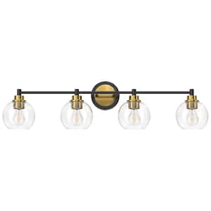 33.5 in. 4-Light Black & Brass Vanity Light with Clear Glass Shade E26 Sockets for Bathroom Bedroom Hallway Living Room