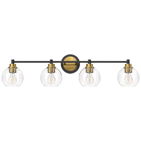 Merra 33.5 in. 4-Light Black & Brass Vanity Light with Clear Glass Shade E26 Sockets for Bathroom Bedroom Hallway Living Room