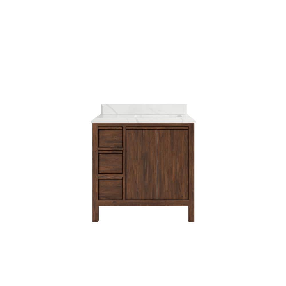 "Elizabeth Teak 36 in. W x 22 in. D x 36 in. H Right Offset Sink Bath Vanity in Dark Walnut with 1.5"" Calacatta Laza Top" price history on PriceWatchPro