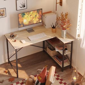 47 Inch Small L-Shaped Computer Desk with Storage Shelves Natural Oak