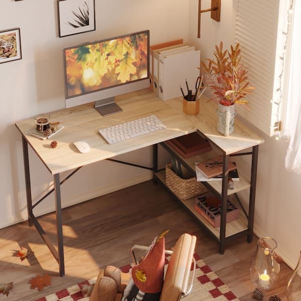 47 inch Small L-Shaped Computer Desk with Storage Shelves Natural Oak