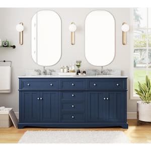 Fremont 72 in. Double Sink Freestanding Navy Blue Bath Vanity with Grey Granite Top (Assembled)