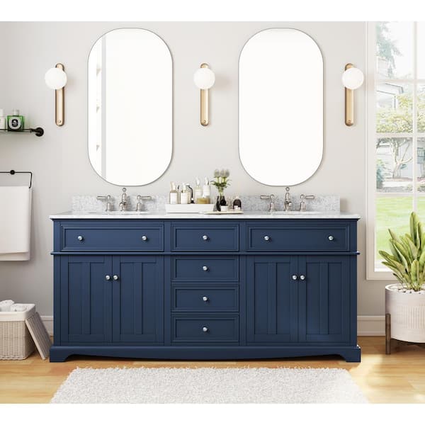 Home Decorators Collection Fremont 72 in. W x 22 in. D x 34 in. H Vanity in Navy Blue With Grey Granite Top and White Sinks