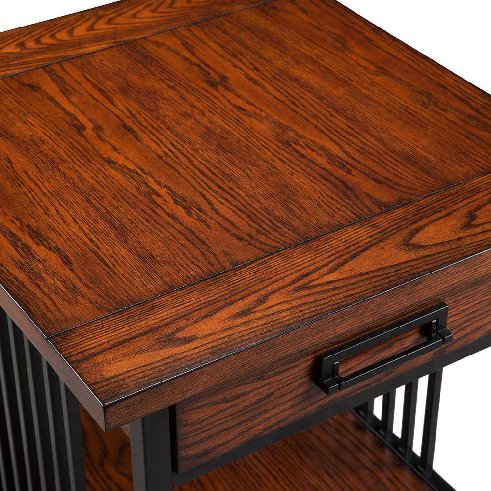 Ironcraft Mission Oak & Matte Black Wood End Table with Drawer