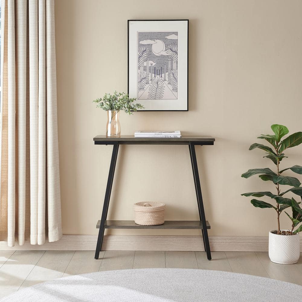 Gray Wood and Metal Console Table with Storage Shelf