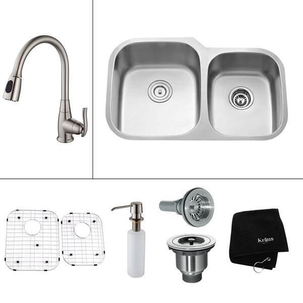 KRAUS All-in-One Undermount Stainless Steel 32 in. Double Bowl Kitchen Sink with Faucet and Accessories in Satin Nickel