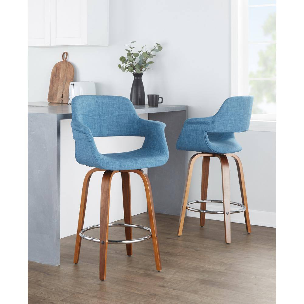 Set of 2 Blue Swivel Walnut Wood Counter Stools