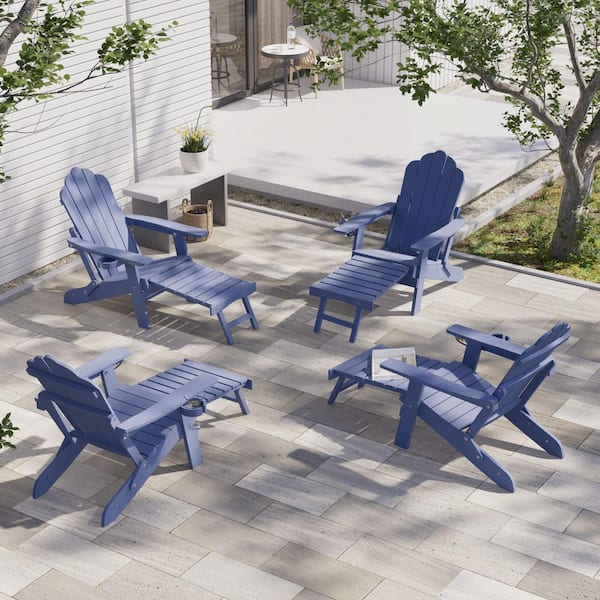 JOYESERY Navy Blue Folding Adirondack Chair with Retractable Ottoman, HIPS Adirondack Chair with Cup Holder (Set of 4)