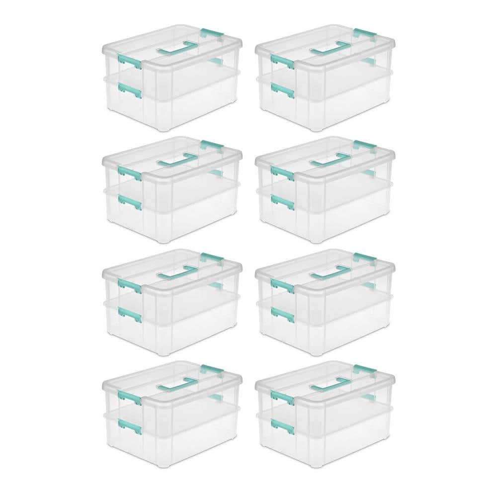 Sterilite Stack and Carry 3 Layer Handle Box and Tray, Plastic Small  Storage Container with Latch Lid, Organize Crafts, Clear with Blue Tray,  6-Pack