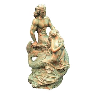 18 in. Sexy Merman and Mermaid on the Rocks Nautical Beach Statue Bronze Patina