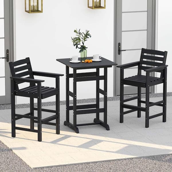 3-Piece Plastic Patio Conversation Set HDPE Armchairs with Square High-Top Table Footrest and Backrest Black